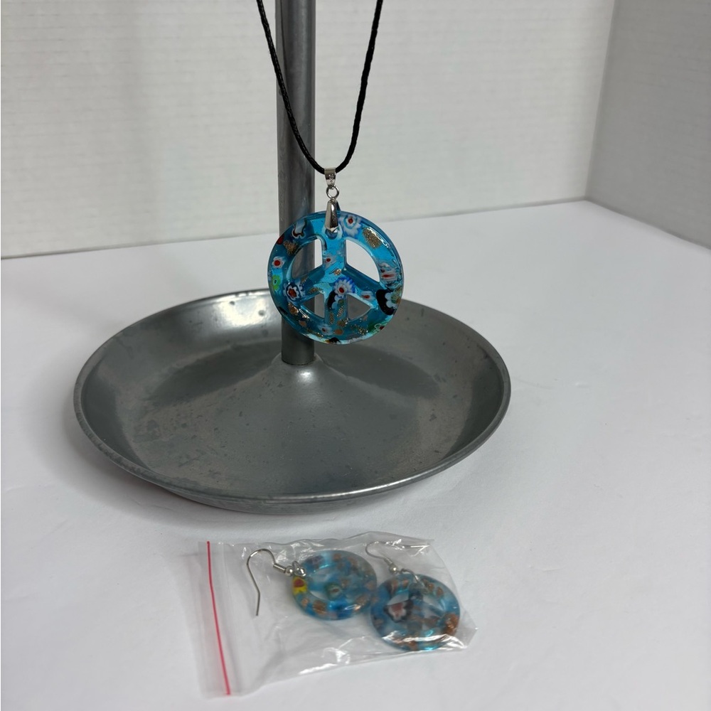 Blue Glass Peace Sign Necklace and Earring Set
